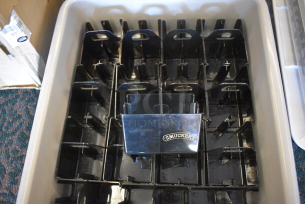 ALL ONE MONEY! Lot of 2 Bins of Black Poly Countertop Jelly Holders in Clear Bin! 4.5x3.5x4. (ballroom)