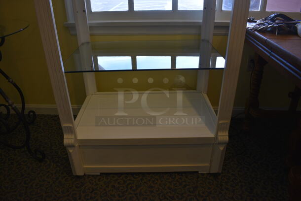 White Wooden Shelving Unit w/ Glass Shelves. 34x24x76. (yellow clothing store) - Image 3 of 4