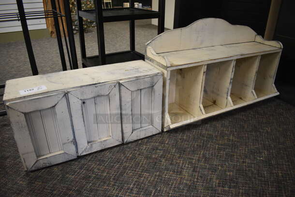 ALL ONE MONEY! Lot of 2 Wooden Units Including 3 Door Cabinet and Bench. 27x10x13, 36x12x22. (garden center)