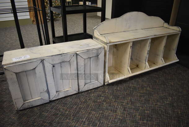 ALL ONE MONEY! Lot of 2 Wooden Units Including 3 Door Cabinet and Bench. 27x10x13, 36x12x22. (garden center) - Image 1 of 4