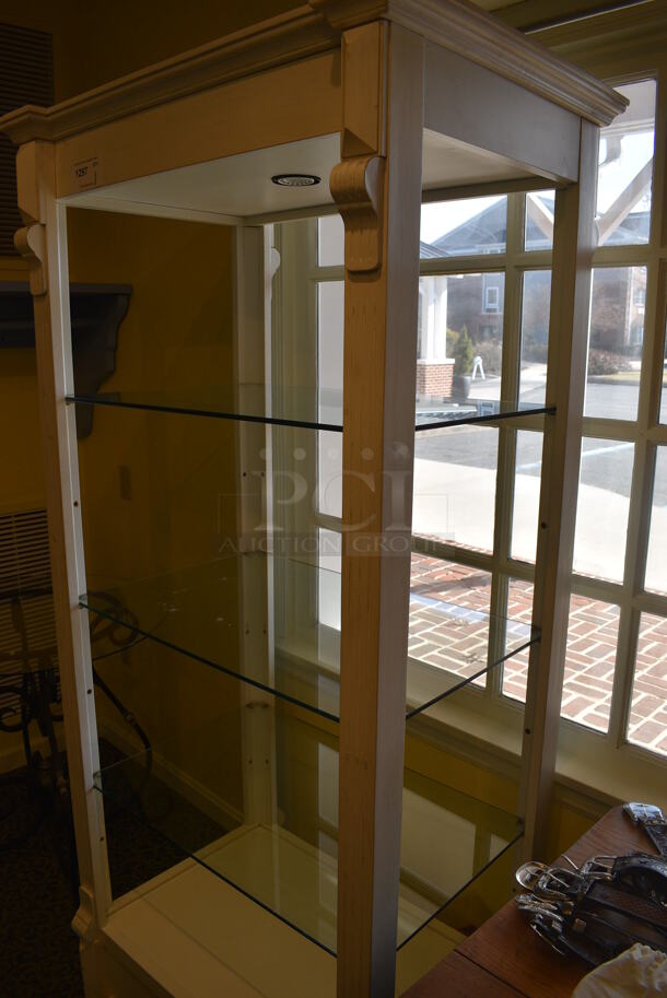 White Wooden Shelving Unit w/ Glass Shelves. 34x24x76. (yellow clothing store) - Image 4 of 4