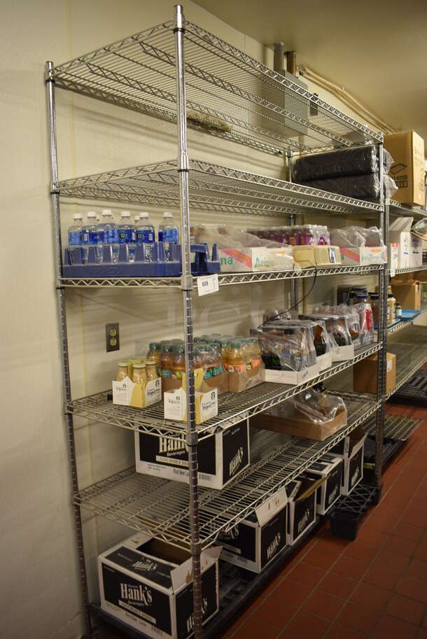 Chrome Finish 5 Tier Shelving Unit. Does Not Come w/ Contents. BUYER MUST DISMANTLE. PCI CANNOT DISMANTLE FOR SHIPPING. PLEASE CONSIDER FREIGHT CHARGES. 72x24x87. (bakery kitchen)