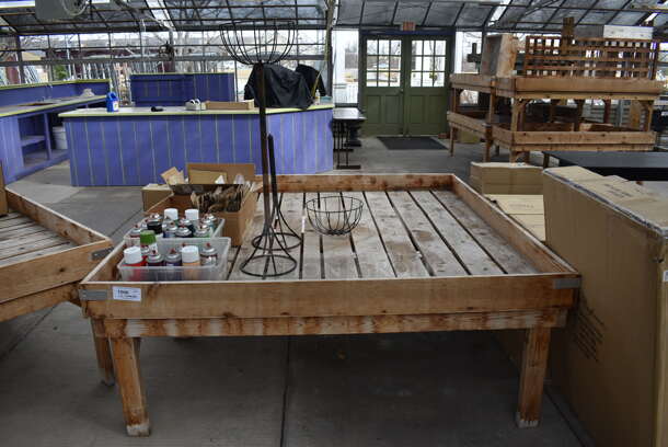 Wooden Stand w/ Contents Including Spray Paint. 72.5x72.5x28.5. (greenhouse)