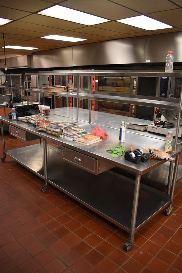 Stainless Steel Commercial Table w/ Double Over Shelf, 2 Drawers and Under Shelf on Commercial Casters. Does Not Include Contents. 120x36x65. (kitchen)