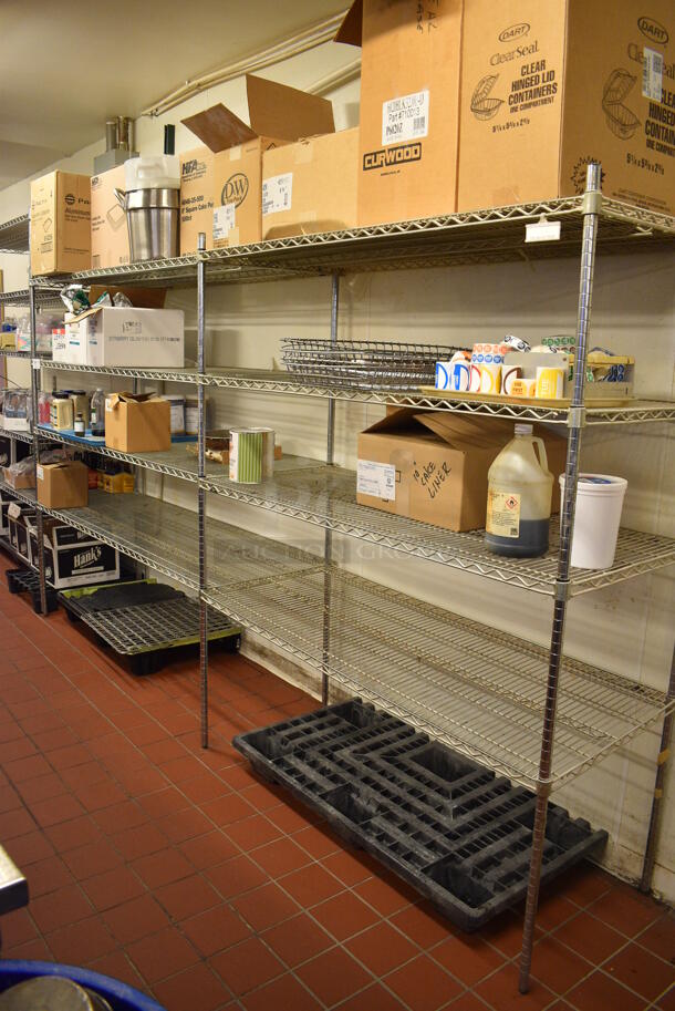 Chrome Finish 4 Tier Double Shelving Unit. Does Not Come w/ Contents. BUYER MUST DISMANTLE. PCI CANNOT DISMANTLE FOR SHIPPING. PLEASE CONSIDER FREIGHT CHARGES. 132x24x74.5. (bakery kitchen) - Image 1 of 5