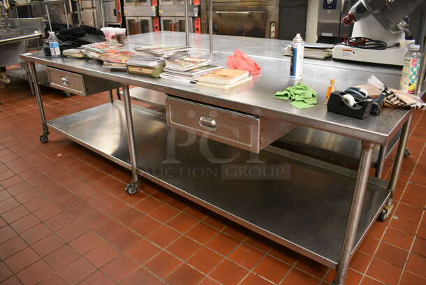 Stainless Steel Commercial Table w/ Double Over Shelf, 2 Drawers and Under Shelf on Commercial Casters. Does Not Include Contents. 120x36x65. (kitchen) - Image 2 of 7