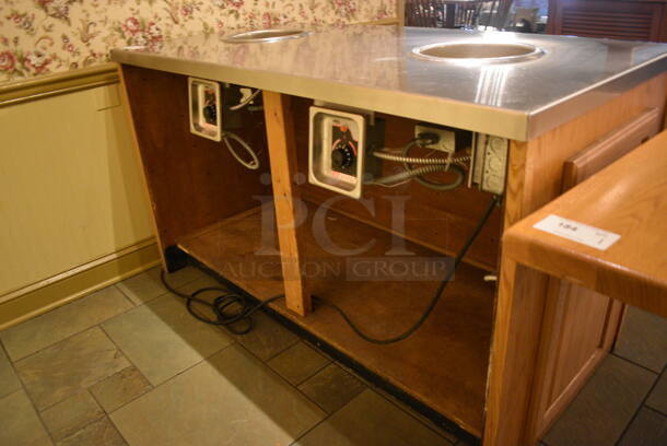 Stainless Steel Counter w/ 2 APW Wyott Steam Wells and Wooden Exterior. 60.5x30.5x35.5. Unit Was In Working Condition When Restaurant Closed. (buffet) - Image 4 of 7