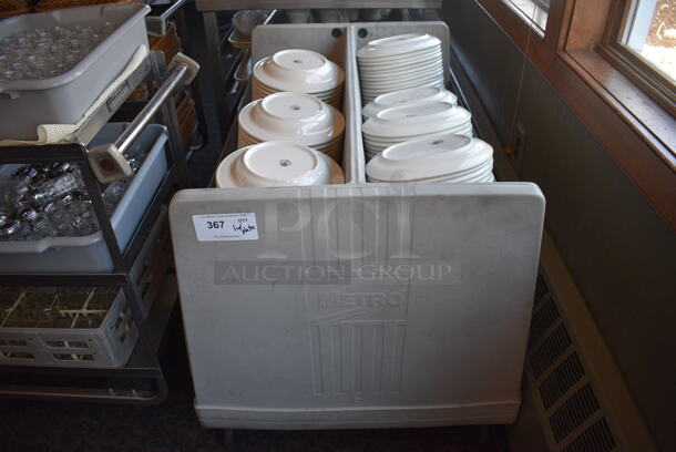 Metro Gray Poly Dish Cart w/ White Ceramic Plates on Commercial Casters. 39x29x31.5. 9.5x9.5x1.5. 10x7.5x1.5. (back dining room) - Image 1 of 6