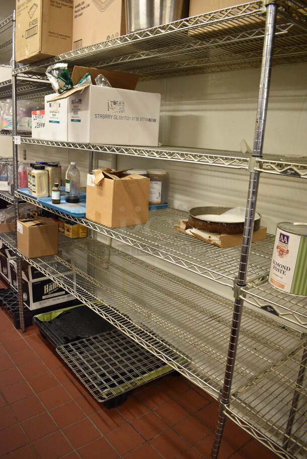 Chrome Finish 4 Tier Double Shelving Unit. Does Not Come w/ Contents. BUYER MUST DISMANTLE. PCI CANNOT DISMANTLE FOR SHIPPING. PLEASE CONSIDER FREIGHT CHARGES. 132x24x74.5. (bakery kitchen) - Image 3 of 5