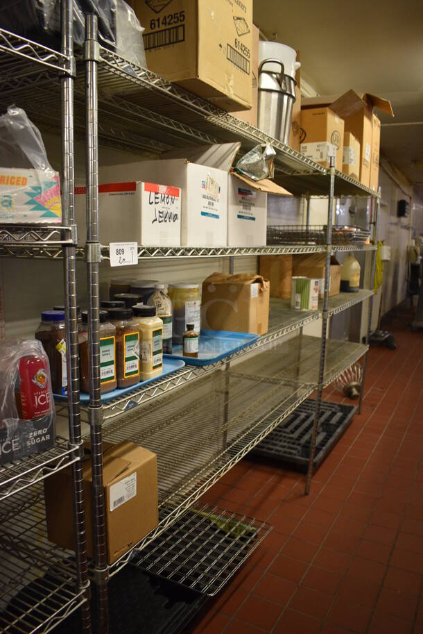 Chrome Finish 4 Tier Double Shelving Unit. Does Not Come w/ Contents. BUYER MUST DISMANTLE. PCI CANNOT DISMANTLE FOR SHIPPING. PLEASE CONSIDER FREIGHT CHARGES. 132x24x74.5. (bakery kitchen) - Image 5 of 5