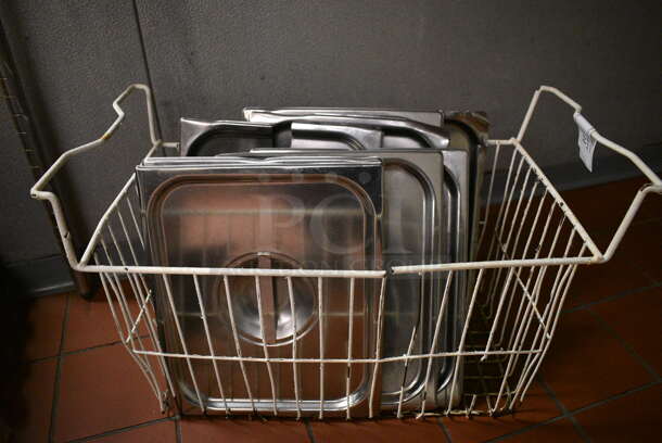 ALL ONE MONEY! Lot of 11 Stainless Steel 1/2 Size Drop In Bin Lids in White Wire Basket! (kitchen) - Image 1 of 4