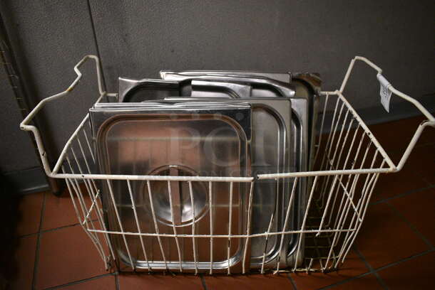 ALL ONE MONEY! Lot of 11 Stainless Steel 1/2 Size Drop In Bin Lids in White Wire Basket! (kitchen)