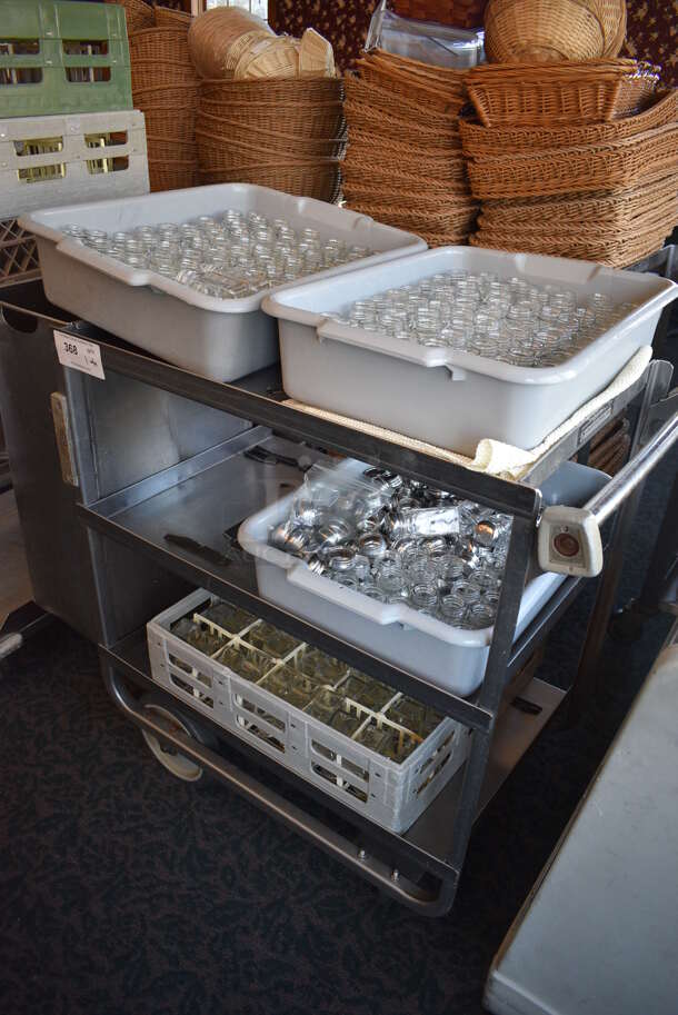 Stainless Steel Commercial 3 Tier Cart w/ Trash Can, Salt / Pepper Shakers and Seasoning Shakers in Bins on Commercial Casters. 41x19.5x34. Includes 1.5x1.5x4. (back dining room) - Image 2 of 6