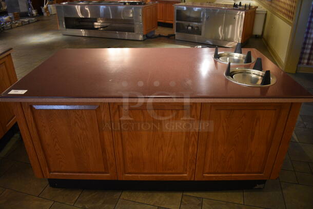 Maroon Countertop w/ 2 Plate Return Chutes, Rear Under Shelves and Wooden Exterior on Commercial Casters. BUYER MUST REMOVE. 72x40x38. (buffet)