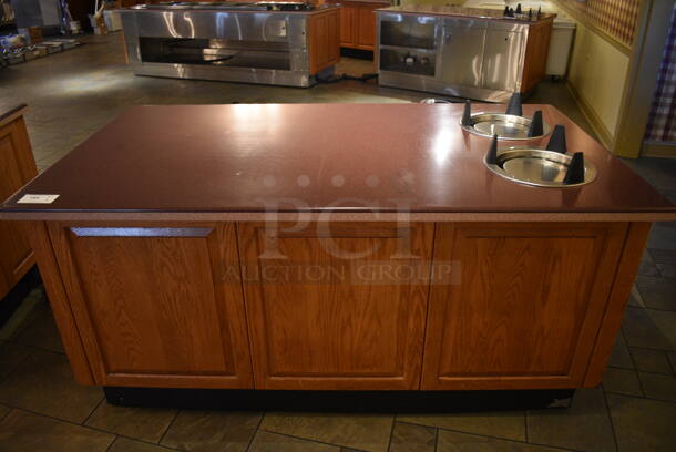 Maroon Countertop w/ 2 Plate Return Chutes, Rear Under Shelves and Wooden Exterior on Commercial Casters. BUYER MUST REMOVE. 72x40x38. (buffet) - Image 1 of 6