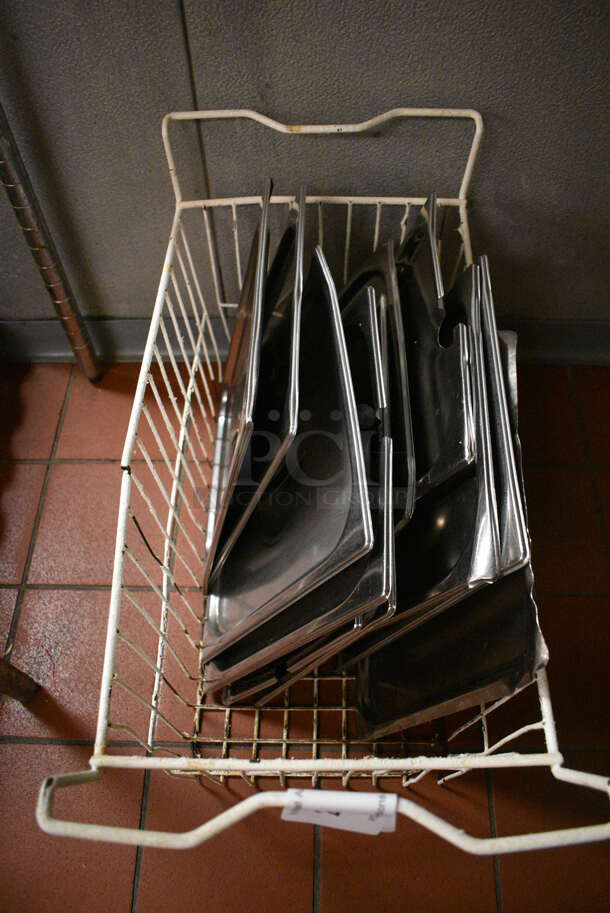 ALL ONE MONEY! Lot of 11 Stainless Steel 1/2 Size Drop In Bin Lids in White Wire Basket! (kitchen) - Image 4 of 4