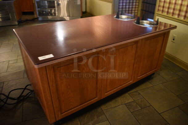 Maroon Countertop w/ 2 Plate Return Chutes, Rear Under Shelves and Wooden Exterior on Commercial Casters. BUYER MUST REMOVE. 72x40x38. (buffet) - Image 2 of 6
