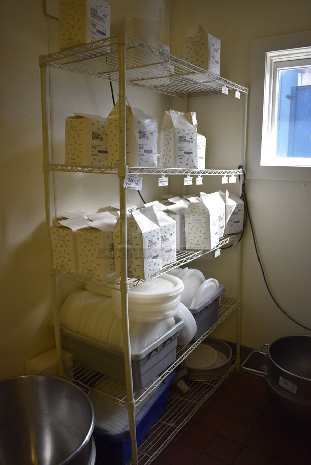 White Coated 5 Tier Shelving Unit w/ Contents Including Deocrettes / Sprinkles. BUYER MUST DISMANTLE. PCI CANNOT DISMANTLE FOR SHIPPING. PLEASE CONSIDER FREIGHT CHARGES. 48x18x75. (bakery kitchen) - Image 1 of 6