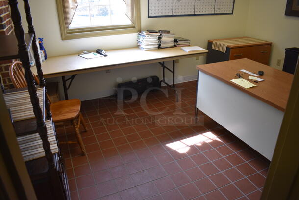 ALL ONE MONEY! Lot of Various Office Items Including Desk, Table, Chairs, Filing Cabinet, Bookshelf. BUYER MUST REMOVE. Desk 60x30x29.5. (bakery kitchen - office) - Image 1 of 7
