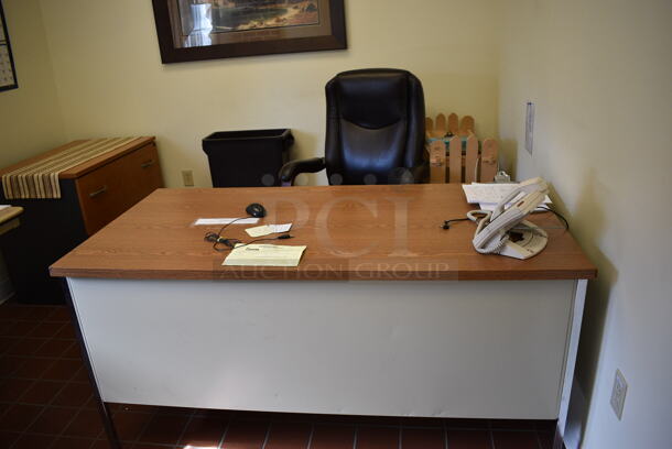ALL ONE MONEY! Lot of Various Office Items Including Desk, Table, Chairs, Filing Cabinet, Bookshelf. BUYER MUST REMOVE. Desk 60x30x29.5. (bakery kitchen - office) - Image 2 of 7