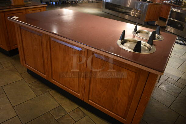 Maroon Countertop w/ 2 Plate Return Chutes, Rear Under Shelves and Wooden Exterior on Commercial Casters. BUYER MUST REMOVE. 72x40x38. (buffet) - Image 4 of 6