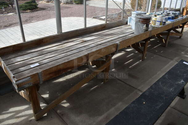 Wooden Stand w/ Contents Including Paint. BUYER MUST REMOVE. 204x35.5x28. (greenhouse)
 - Image 1 of 10
