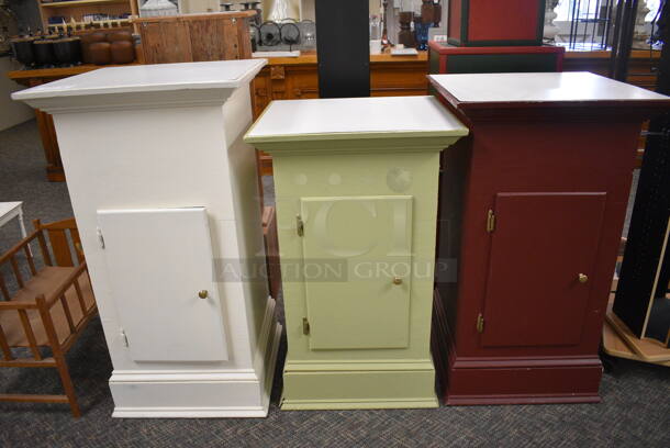 3 Various Wooden Single Door Cabinets; White, Green and Maroon. Includes 23x23x42.5. 3 Times Your Bid! (garden center)
