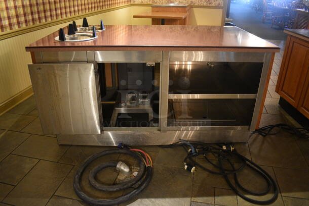 Maroon Countertop w/ 2 Plate Return Chutes, Rear Under Shelves and Wooden Exterior on Commercial Casters. BUYER MUST REMOVE. 72x40x38. (buffet) - Image 5 of 6