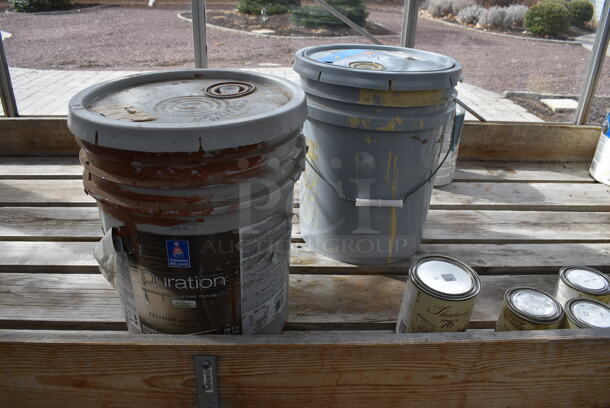 Wooden Stand w/ Contents Including Paint. BUYER MUST REMOVE. 204x35.5x28. (greenhouse)
 - Image 2 of 10
