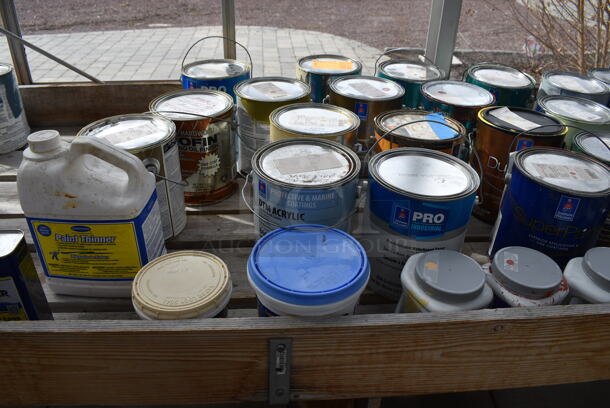 Wooden Stand w/ Contents Including Paint. BUYER MUST REMOVE. 204x35.5x28. (greenhouse)
 - Image 3 of 10