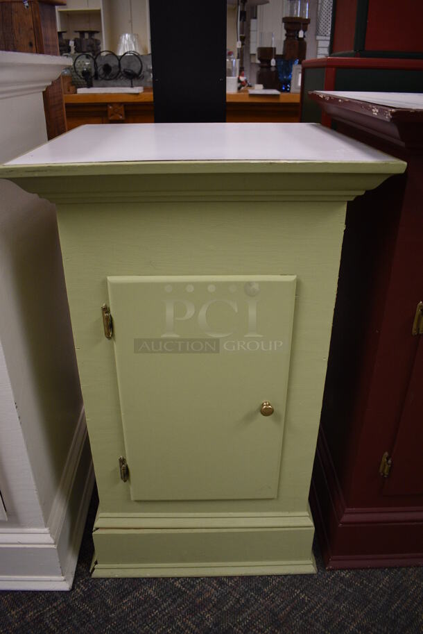 3 Various Wooden Single Door Cabinets; White, Green and Maroon. Includes 23x23x42.5. 3 Times Your Bid! (garden center) - Image 3 of 7