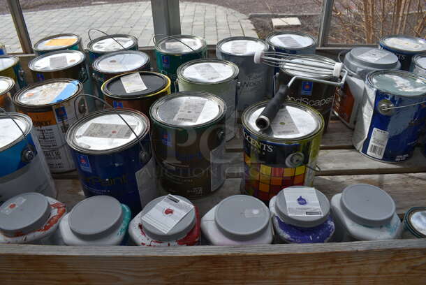 Wooden Stand w/ Contents Including Paint. BUYER MUST REMOVE. 204x35.5x28. (greenhouse)
 - Image 4 of 10