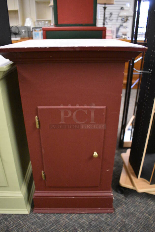 3 Various Wooden Single Door Cabinets; White, Green and Maroon. Includes 23x23x42.5. 3 Times Your Bid! (garden center) - Image 4 of 7