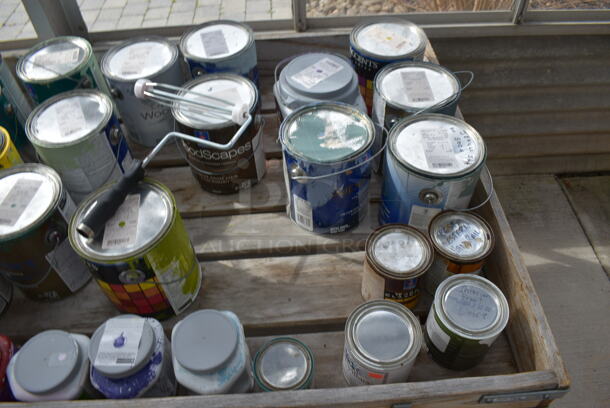 Wooden Stand w/ Contents Including Paint. BUYER MUST REMOVE. 204x35.5x28. (greenhouse)
 - Image 5 of 10