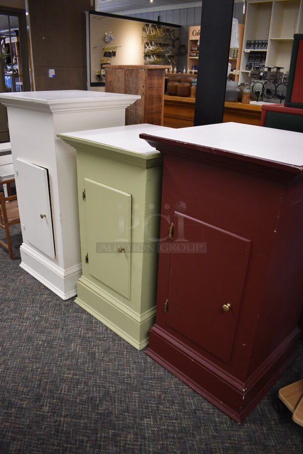 3 Various Wooden Single Door Cabinets; White, Green and Maroon. Includes 23x23x42.5. 3 Times Your Bid! (garden center) - Image 5 of 7