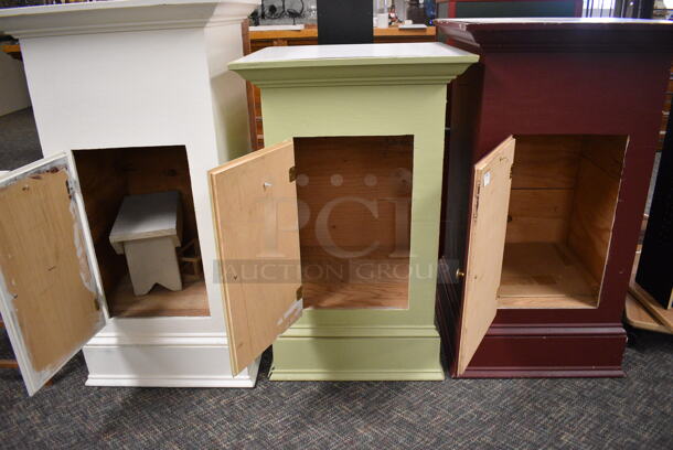 3 Various Wooden Single Door Cabinets; White, Green and Maroon. Includes 23x23x42.5. 3 Times Your Bid! (garden center) - Image 6 of 7