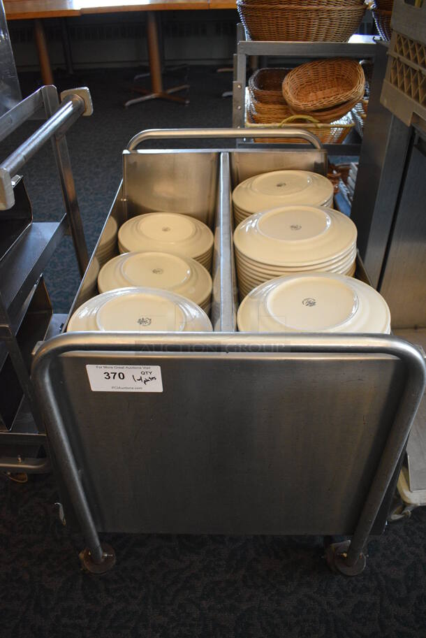 Stainless Steel Commercial Dish Cart w/ White Ceramic Plates on Commercial Casters. 34x25x28. 9.75x9.75x1. (back dining room)