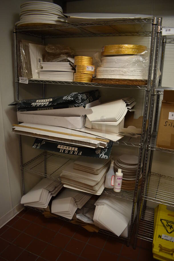 Chrome Finish 5 Tier Shelving Unit w/ Paper Products Including Boxes. BUYER MUST DISMANTLE. PCI CANNOT DISMANTLE FOR SHIPPING. PLEASE CONSIDER FREIGHT CHARGES. 48x18x74.5. (icing kitchen) - Image 1 of 4