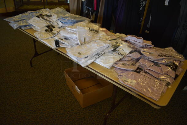 Folding Table and Contents Including Shirts. 96x30x29. (yellow clothing store) - Image 5 of 6