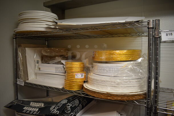 Chrome Finish 5 Tier Shelving Unit w/ Paper Products Including Boxes. BUYER MUST DISMANTLE. PCI CANNOT DISMANTLE FOR SHIPPING. PLEASE CONSIDER FREIGHT CHARGES. 48x18x74.5. (icing kitchen) - Image 2 of 4