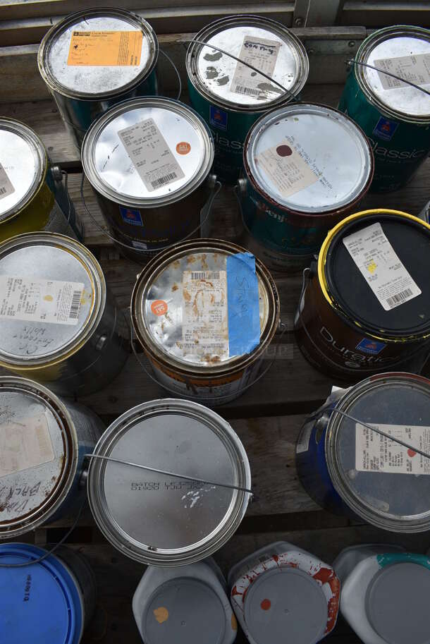 Wooden Stand w/ Contents Including Paint. BUYER MUST REMOVE. 204x35.5x28. (greenhouse)
 - Image 8 of 10