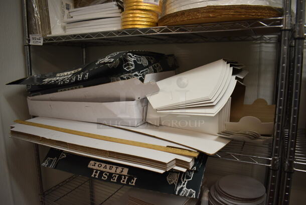 Chrome Finish 5 Tier Shelving Unit w/ Paper Products Including Boxes. BUYER MUST DISMANTLE. PCI CANNOT DISMANTLE FOR SHIPPING. PLEASE CONSIDER FREIGHT CHARGES. 48x18x74.5. (icing kitchen) - Image 3 of 4