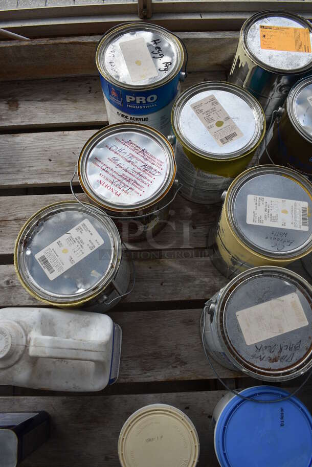 Wooden Stand w/ Contents Including Paint. BUYER MUST REMOVE. 204x35.5x28. (greenhouse)
 - Image 9 of 10