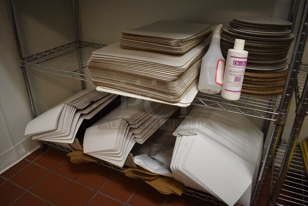 Chrome Finish 5 Tier Shelving Unit w/ Paper Products Including Boxes. BUYER MUST DISMANTLE. PCI CANNOT DISMANTLE FOR SHIPPING. PLEASE CONSIDER FREIGHT CHARGES. 48x18x74.5. (icing kitchen) - Image 4 of 4