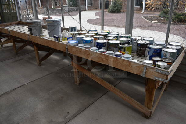 Wooden Stand w/ Contents Including Paint. BUYER MUST REMOVE. 204x35.5x28. (greenhouse)
 - Image 10 of 10