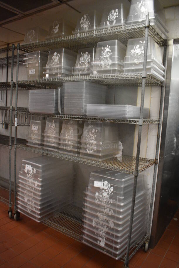 Metro Style Chrome Finish 5 Tier Shelving Unit on Commercial Casters. Does Not Include Contents. BUYER MUST DISMANTLE. PCI CANNOT DISMANTLE FOR SHIPPING. PLEASE CONSIDER FREIGHT CHARGES. 65x24x92. (kitchen) - Image 2 of 5