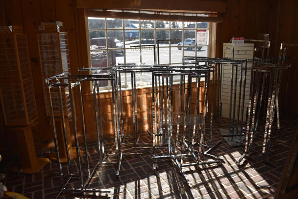 ALL ONE MONEY! Lot of 24 Various Racks Including Retail Racks! Includes 36x36x51. (yellow clothing store)