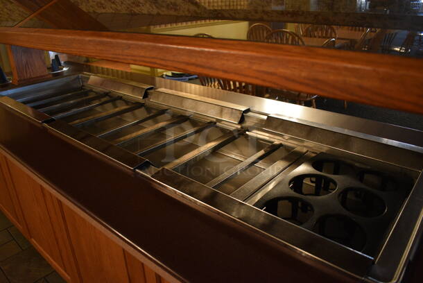 Portable Buffet Station w/ 4 Plate Return Chutes, Sneeze Guard and Wooden Exterior on Commercial Casters. 135x42x98. Unit Was In Working Condition When Restaurant Closed. BUYER MUST REMOVE. (buffet) - Image 5 of 8