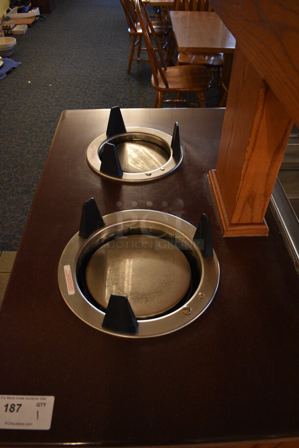 Portable Buffet Station w/ 4 Plate Return Chutes, Sneeze Guard and Wooden Exterior on Commercial Casters. 135x42x98. Unit Was In Working Condition When Restaurant Closed. BUYER MUST REMOVE. (buffet) - Image 7 of 8