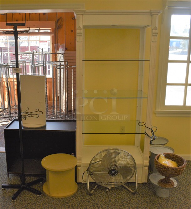 ALL ONE MONEY! Lot of Various Items Including Wooden Shelving Unit, Fan, Rack! (yellow clothing store)